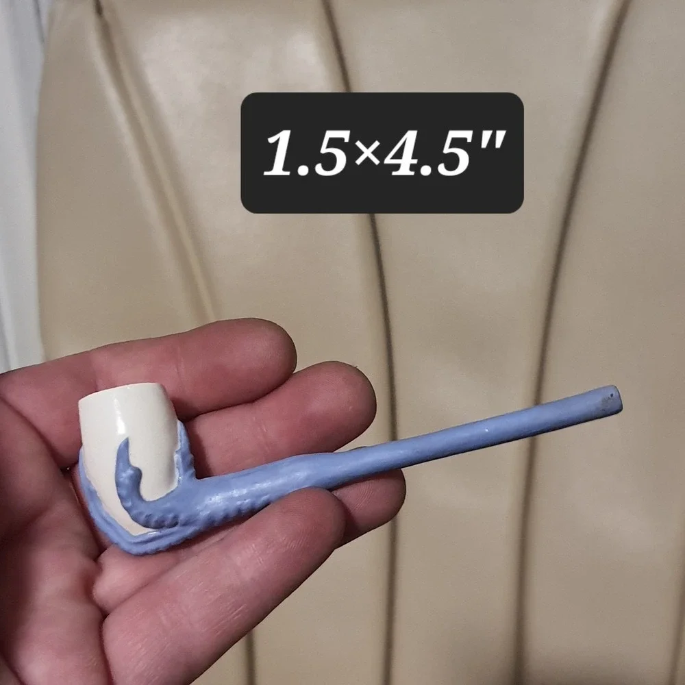 Vintage Antique Clay Smoke Pipe White With Blue Claw Foot Bird Talon Cup Unused